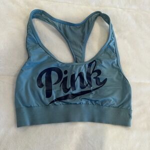 Victoria's Secret PINK Sports Bra Racerback Blue Medium Logo Athletic